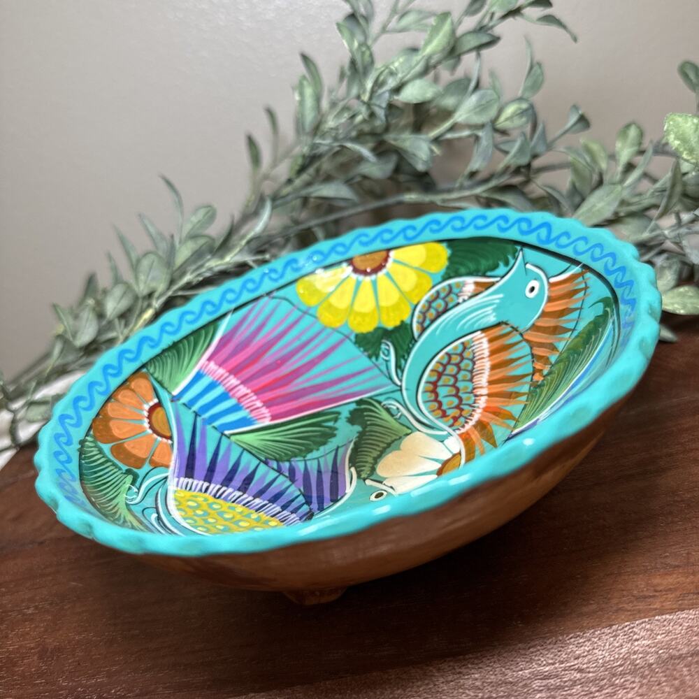 Hand Painted Mexican Folk Art Pottery Footed Bowl Bird Floral Terracotta 6.75” - Picture 12 of 12